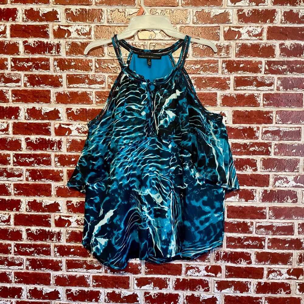 White House Black Market Teal Black Ripple Under Water Halter Blouse. 8